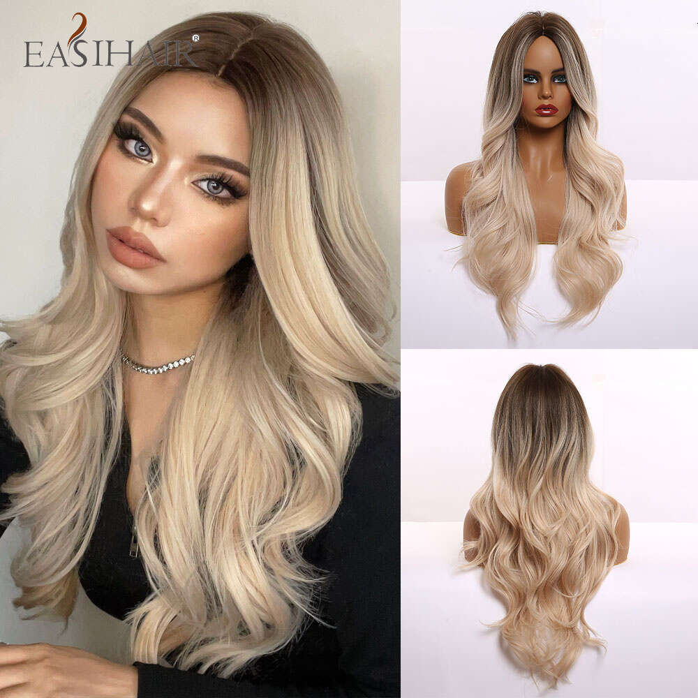 EASIHAIR Ombre Brown Light Blonde Platinum Long Wavy Middle Part Hair Cosplay Natural Heat Resistant Synthetic Wig For Women