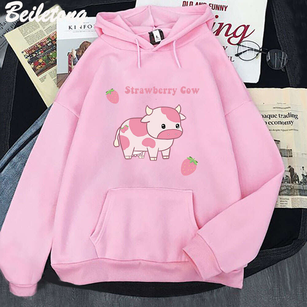 And Cow Strawberry Kawaii Women Hoodies Casual Pullover Plus Size Sweatshirt Autumn Winter Warm Girl Streetwear Clothes Tops