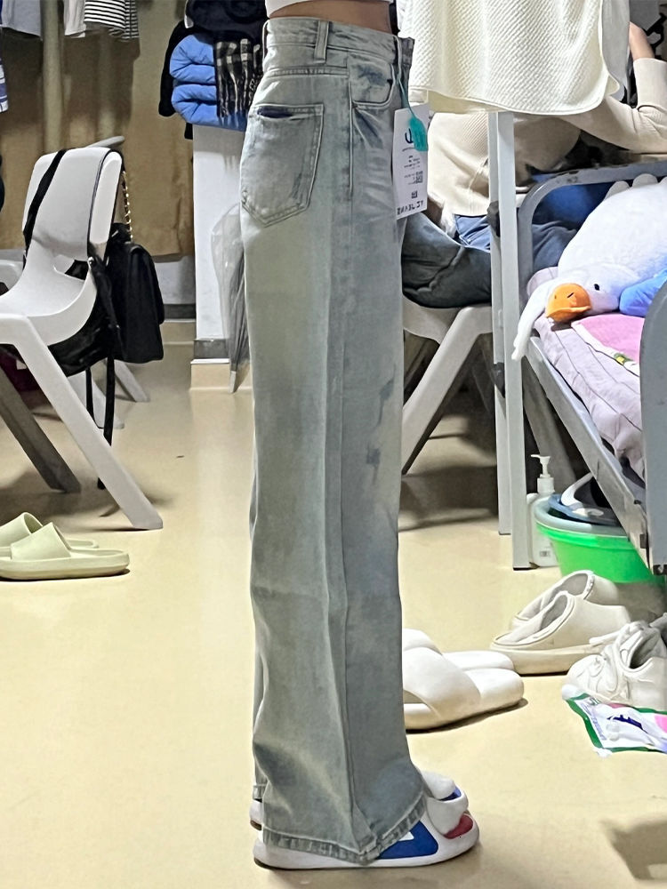 Short American washed light colored scratch wide jeans for women's summer new high waisted loose fit slimming straight leg pants