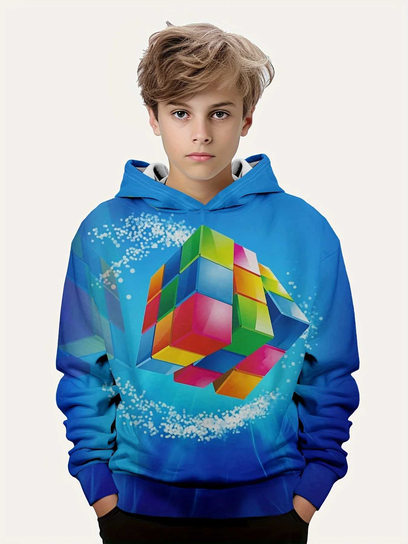 Colorful Jigsaw Cube Rubiks Cube 3d Print Boys Casual Pullover Long Sleeve Hoodies Boys Sweatshirt Spring Fall Kids Hoodie TopsY240814
