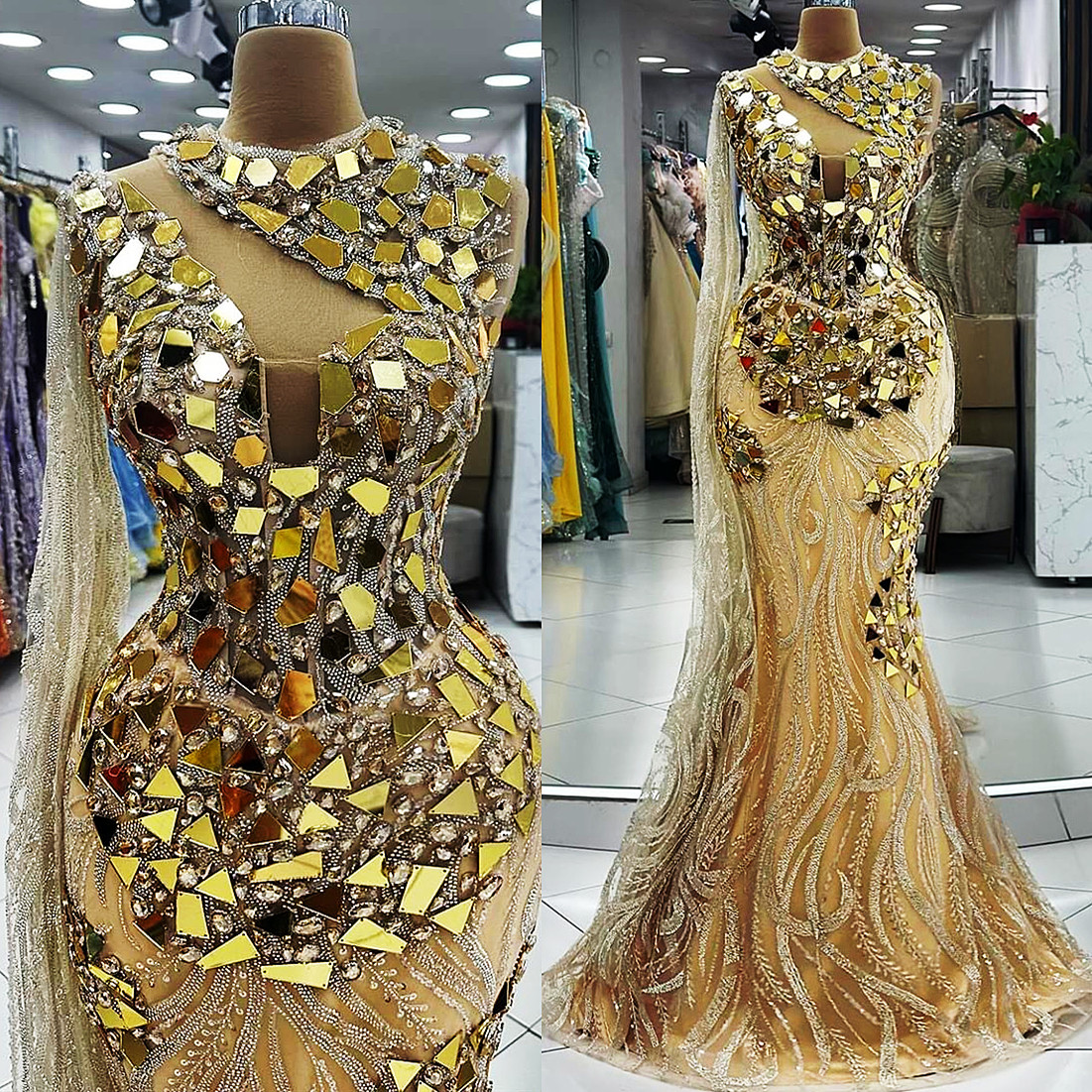 2024 Plus Size Gold Mermaid Prom Dress Lacefull Promdress Beaded Crystals Evening Formal Party Second Reception Birthday Engagement Gowns Dresses ZJ75