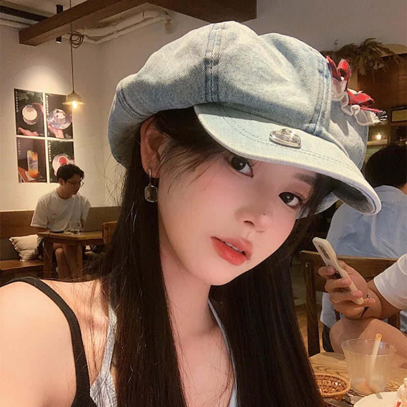 Y2K Lace Bow Cloud Berets Caps for Women Show Face Small Summer Autumn Casual Versatile Korean Retro Denim Octagonal Hat 240805