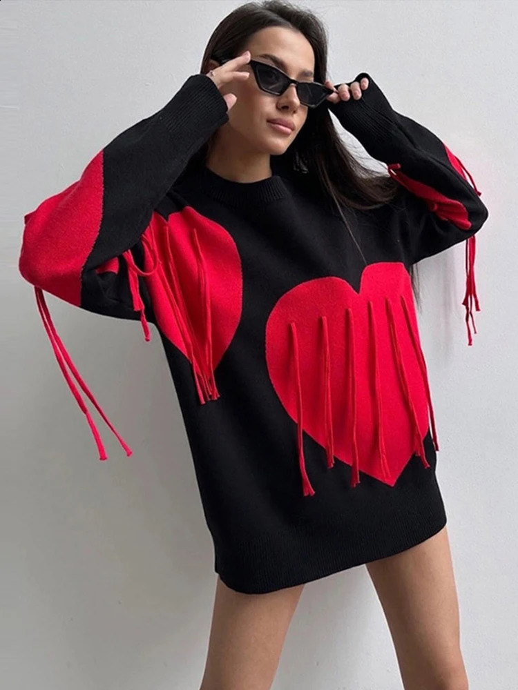 Casual Knitted Tassel Love Print Sweater Women Loose O-neck Long Sleeve Female Sweaters Autumn Fashion Lady Streetwears 240812