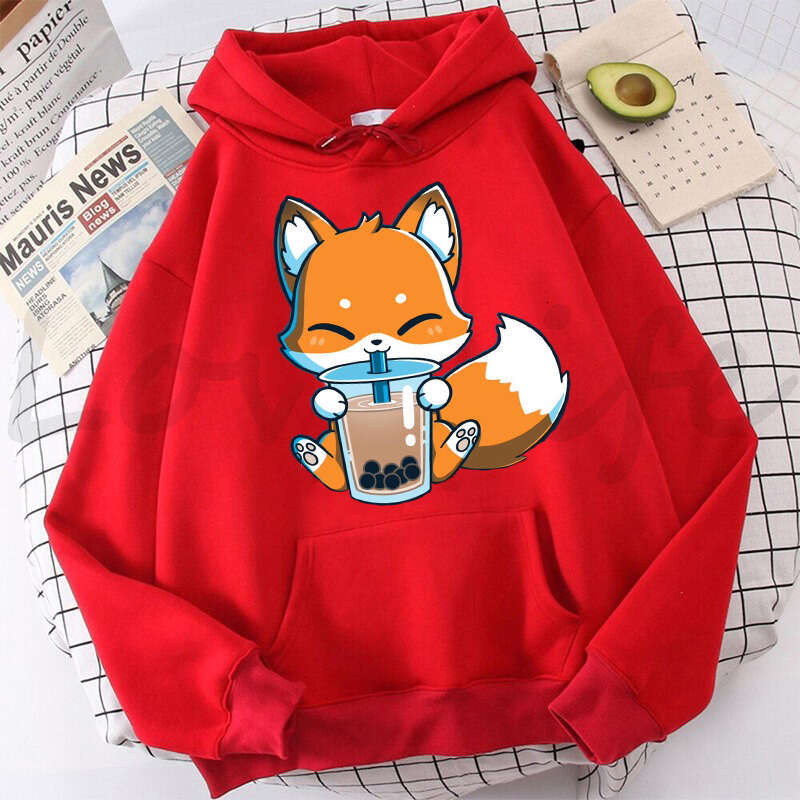 Milk Boba Tea Print Women Hoodies Korean Style Clothes Kawaii Plus Size Sweatshirt Cute Cartoon Fox Graphic Female Streetwear
