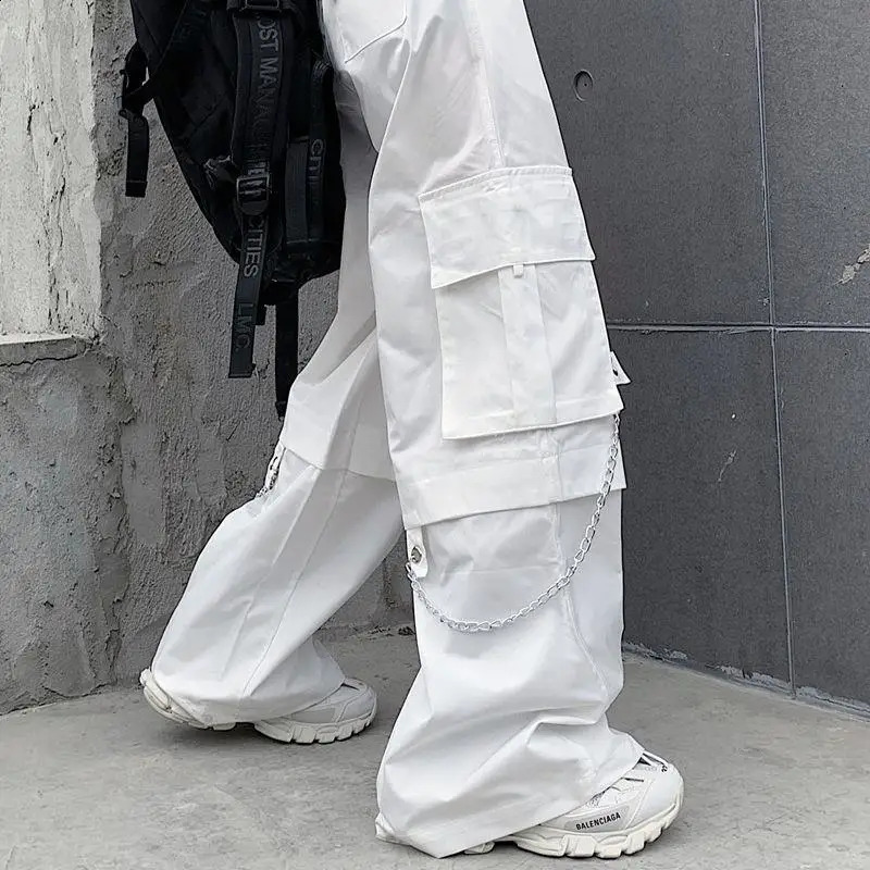 Women Trendy Vintage Casual Streetwear Pocket Cargo Pants Y2K Female High Waist White Hip Hop Loose Trousers Straight Pantalones 240814