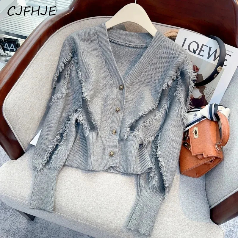 CJFHJE V-Neck Metal Button Knitted Women Fashion Tassel Bottom Cardigan Sweater Coat Casual Solid Color Womens Sweater 240813