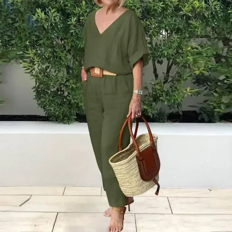 Spring Cotton Linen Womens Tracksuit Suit V-neck Top Drawstring Casual Long Pants Set Female Trendy Fashion Ladies Clothes 240814