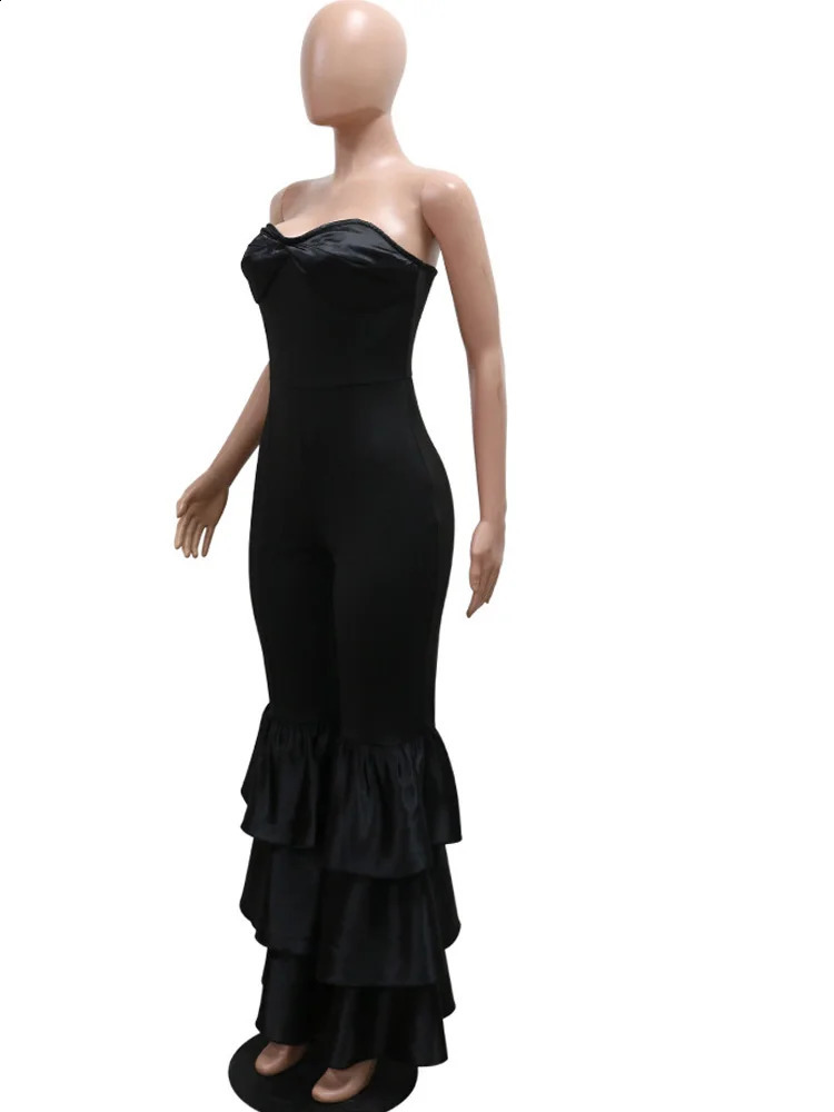 Beyprern Elegant Tiered Ruffle Strapless Jumpsuit For Women Off Shoulder Black Flared Leg Bandage Jumpsuits Clubwear Overalls 240813