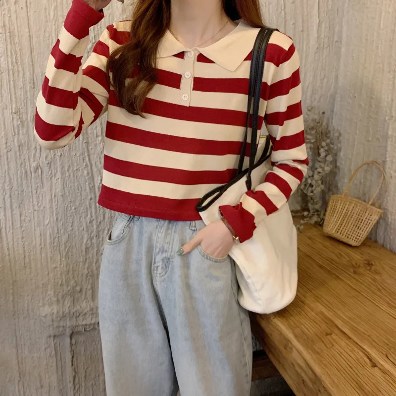 Striped Womens Knitted Polo T-shirt Long Sleeve Young Elegant Style High Quality Fashion Knitted Top Classic Blue 240827