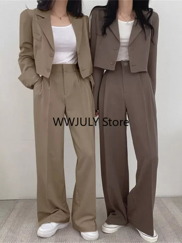 Two Piece Sets Women Outifits Cropped Blazer Fall Office Lady Pants Sets Long Sleeve Fashion Coat Black High Waisted Pants 240813