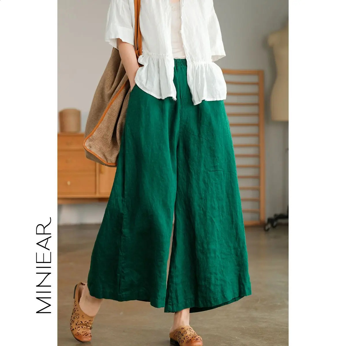 Casual Simplicity Summer Solid Color Wide Leg Pants Stylish Womens Clothing Elastic Waist Pockets Loose Vintage Cropped Pants 240813