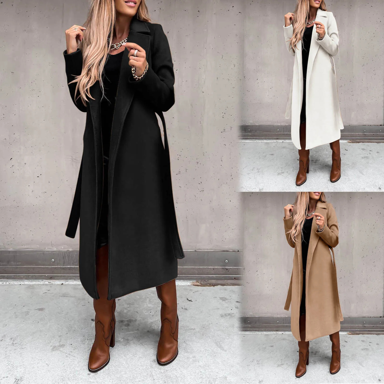 Elegant shoulder strap pocket coat womens autumn and winter solid collar long sleeved wool coat simple casual windproof 240828