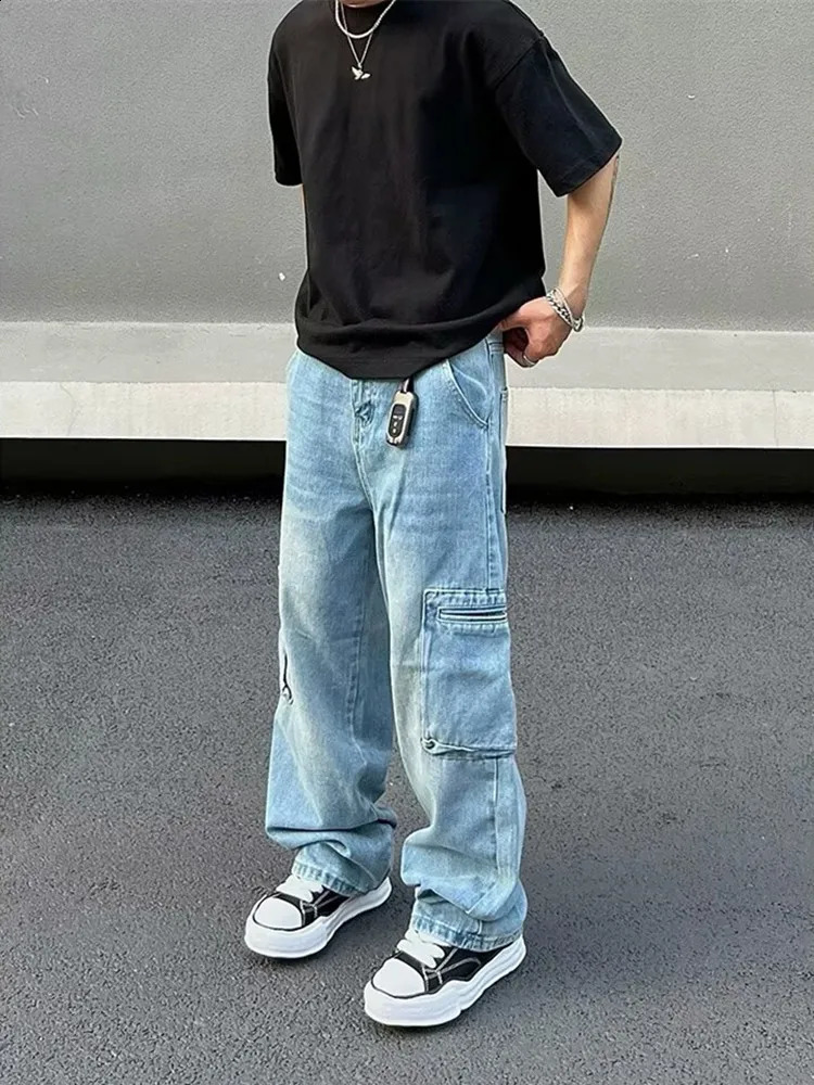 Ropa Y2K Fashion Multi Pockets Washed Blue Baggy Jeans Cargo Pants For Men 90S Vintage Clothes Straight Denim Trousers 240814