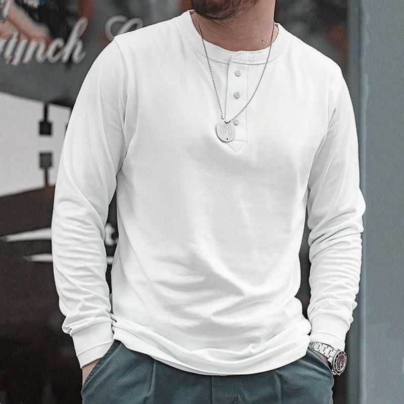American Vintage Casual Daily Stand Neck T-shirt Mens Solid Patchwork Button Trendy Temperament Simple Cotton Long Sleeved TopM240814