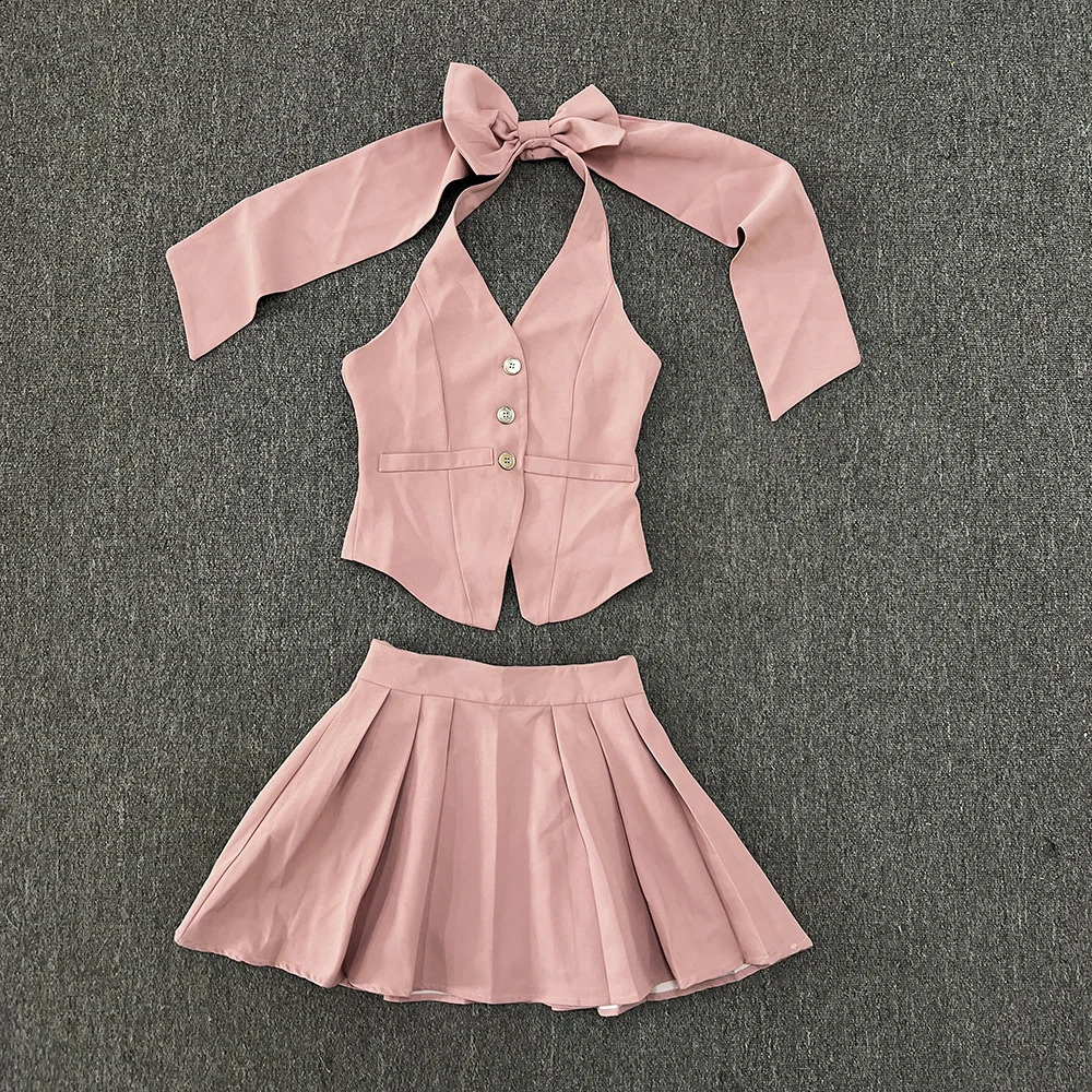 Fashion Pink Ski Set Summer Style No Back Bow Hanger Top Spicy Girl Slim Tank Wrinkle Two Piece Womens Wear 240809
