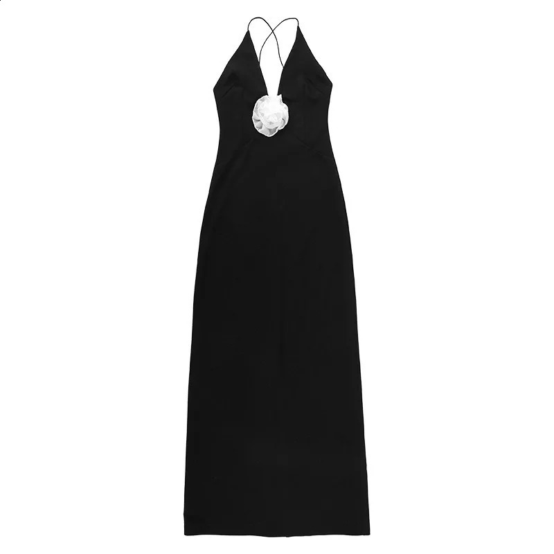 Deep V-neck 3D Flower Backless Women Long Prom Dress Black Backless Spaghetti Strap Evening Maxi Dress 2024 Summer 240814