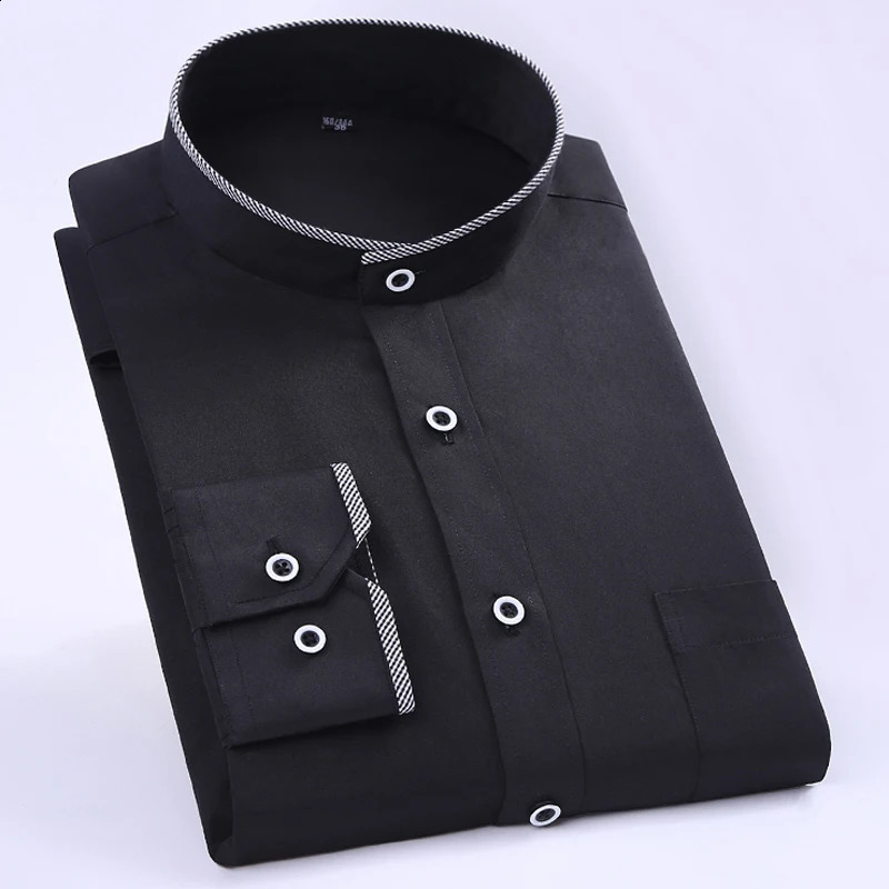 Mens Color Matching Long Sleeve Mandarin Collar Shirt Patch Chest Pocket Regular-fit Dress Shirts For Business Activities 240814