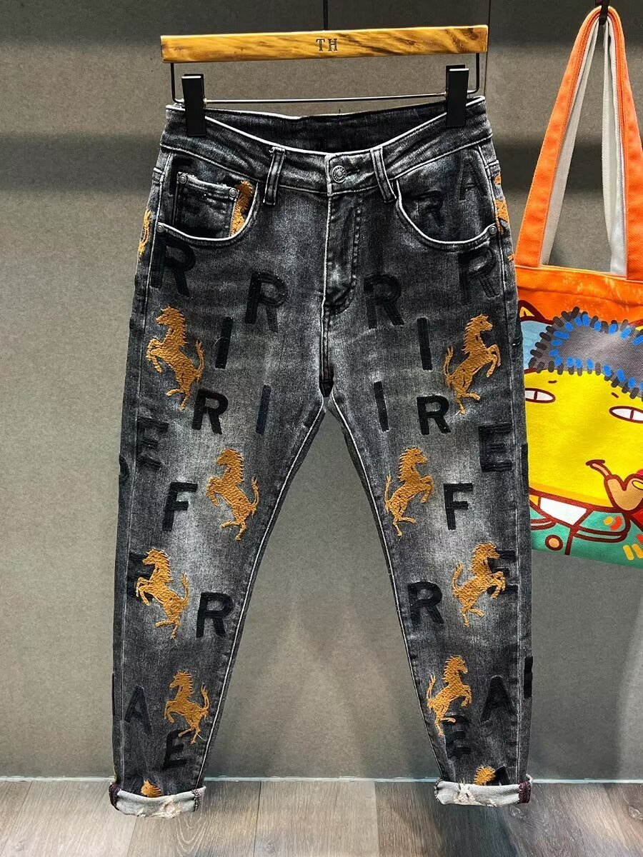 2024 American summer jeans men's cropped versatile design trendy fashion slim casual pants