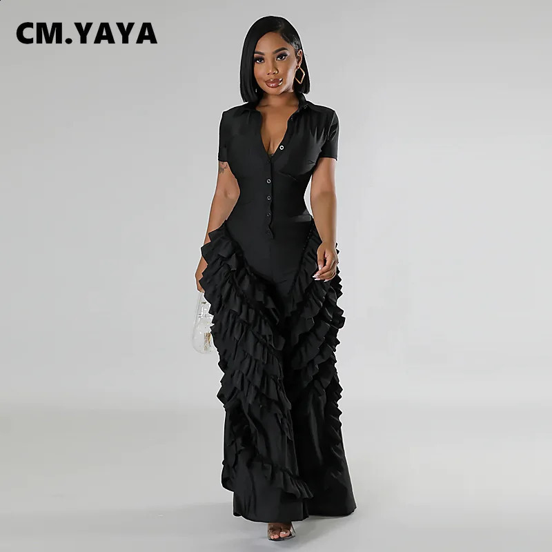 CM.YAYA Fashion Women Mult Ruffles Short Sleeve Zipper Fly Wide Leg Shirt Jumpsuit 2024 Streetwear Romper One Piece Set Playsuit 240813