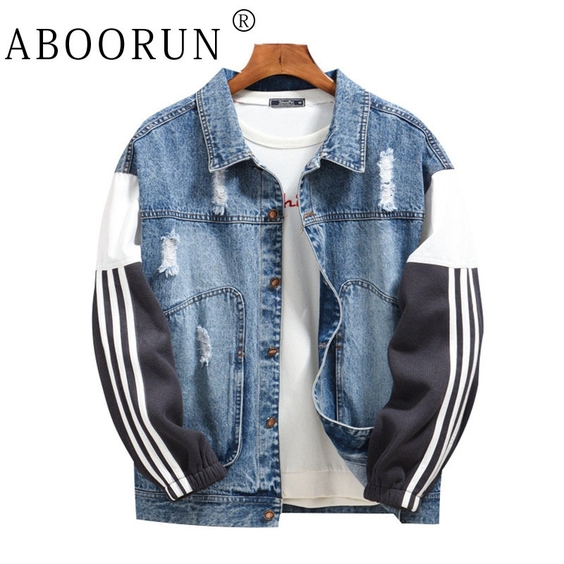 ABOORUN striped patchwork denim jacket mens streetwear ripped hole jacket casual jacket mens240813