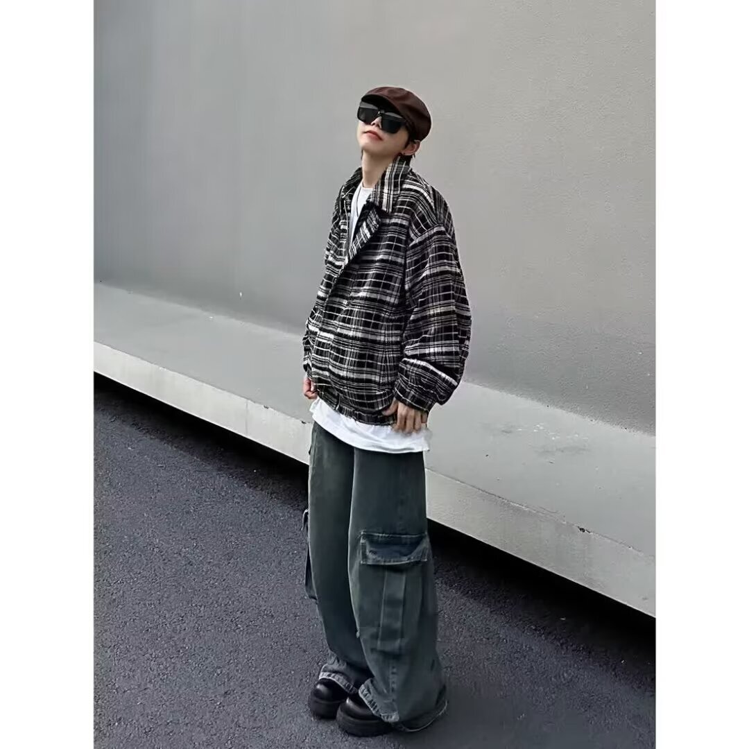 American high street workwear jeans for men, distressed loose straight wide leg multi pocket casual versatile pants