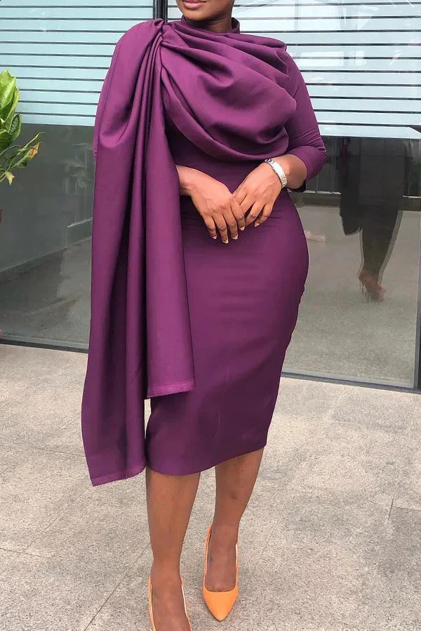 Elegant Ruched Party Pencil Dress Women Solid Ruffle Pleated Cloak Sleeve Bodycon Evening Wedding Dress Women 240814
