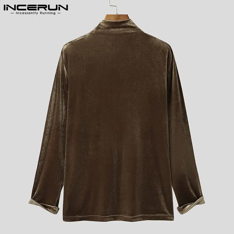 INCERUN 2024 Men T Shirt Velour Turtleneck Long Sleeve Leisure Undershirt Solid Color Streetwear Fashion Casual Tee Tops S-5XL 240814