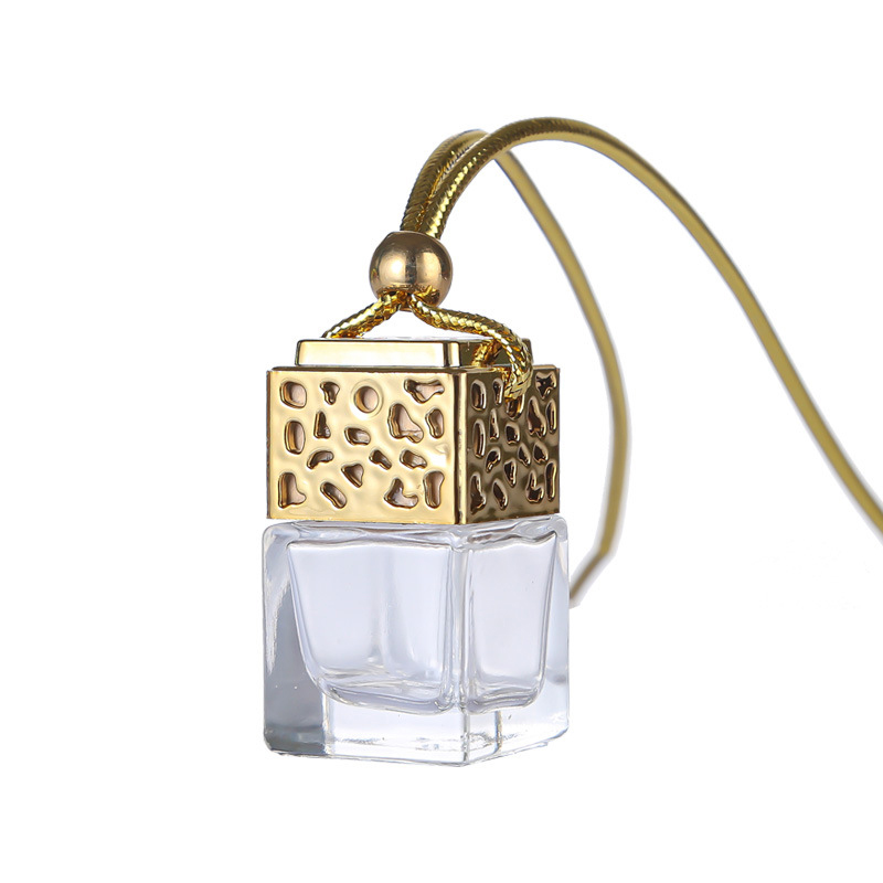 Auto-Hanging Perfume Bottle Cube Diffuser - Elegant Glass Reusable Air Freshener for Cars & Home, Gold, Black, Silver