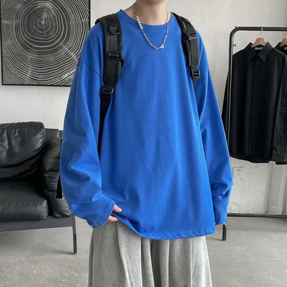 Long Sleeve Casual Solid Color Cotton T Shirt For Men Spring Autumn O-neck Oversized Mens T-shirt 240814