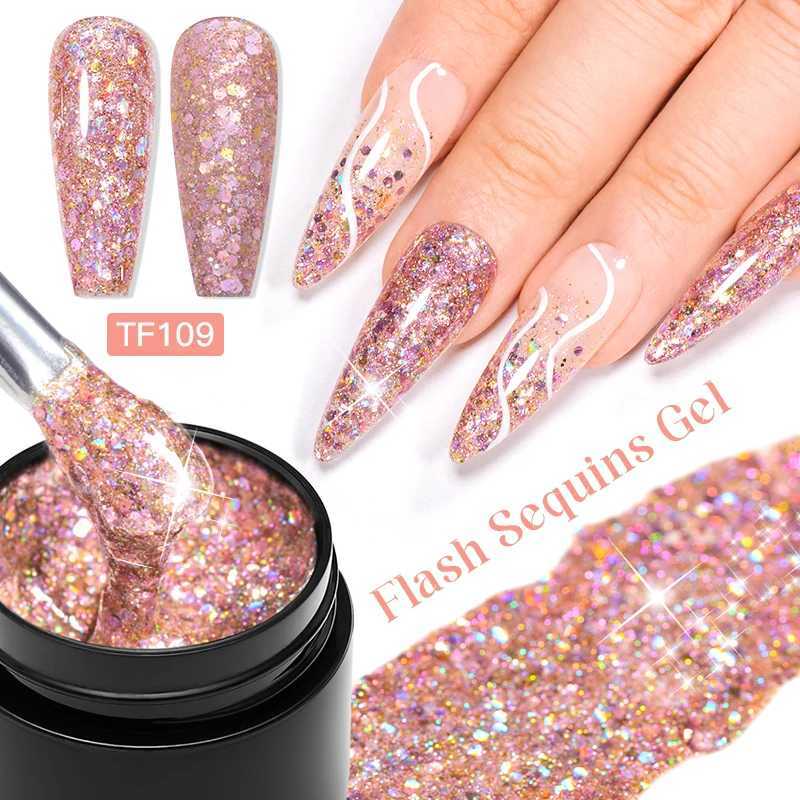 MEET ACROSS 8ml Pink Glitter Sequins Gel Nail Polish Shiny Sparkling Platinum Silver Semi Permanant Nail Art Gel Varnish NailsM240814