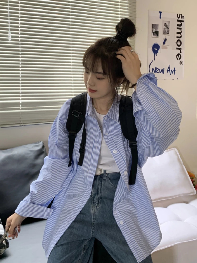 S-5XL Women Shirts Stripped Baggy American Preppy Style Pocket Trendy Versatile Elegant Streetwear Students Daily Cozy Aesthetic 240814
