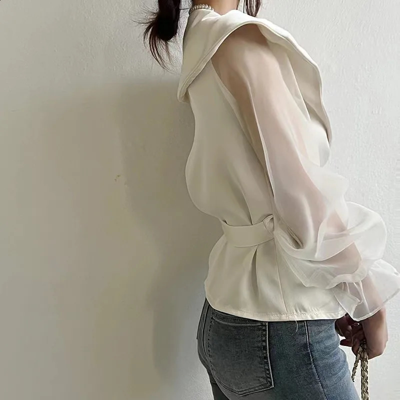 Korean Chic Spring Long Sleeve Womens V-neck Sewing Puff Sleeve Womens Lace Chiffon Sleeveless 240814