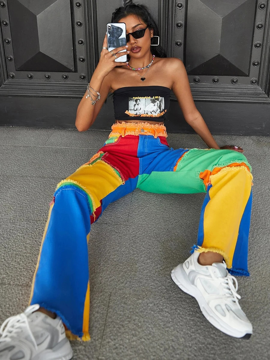 REDDACHiC Stitch Rainbow Color Block Baggy Jeans Women 90s Retro Frayed High Waist Y2k Trousers Holiday Casual Wide Leg Pants 240813