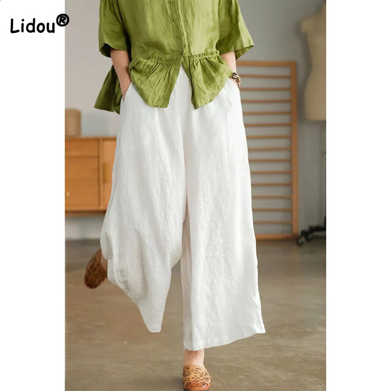 Casual Simplicity Summer Solid Color Wide Leg Pants Stylish Womens Clothing Elastic Waist Pockets Loose Vintage Cropped Pants 240813