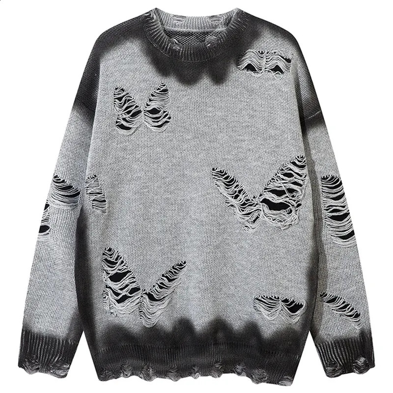 Vintage Oversized Sweater Grunge Y2K Knitted Butterfly Tie Dye Sweaters Men Hip Hop Ripped Hole Punk Gothic Long Sleeve Jupmers 240821