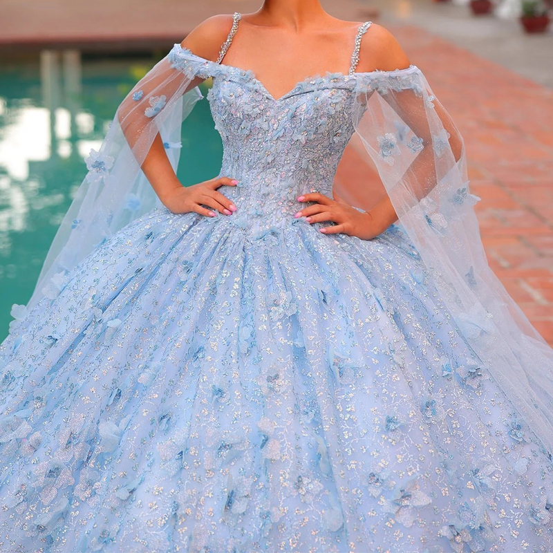 Sparkly Sky Blue Quinceanera Dress Ball Gown Lace Appliques Flower Beading Crystal With Cape Sweet 16 Vestido De 15 Anos