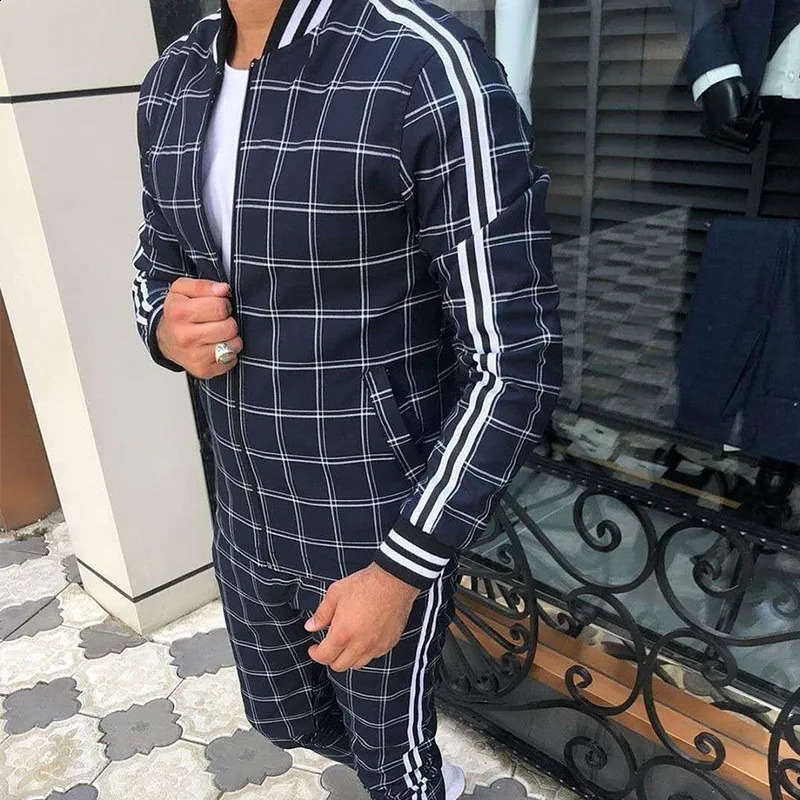 Plaid Tracksuit Mens Sets Gentleman Jacket Sportswear Male Sports Suit 3D Print 2 Piece Set Sweatpants Chandals Man Clothes 240814