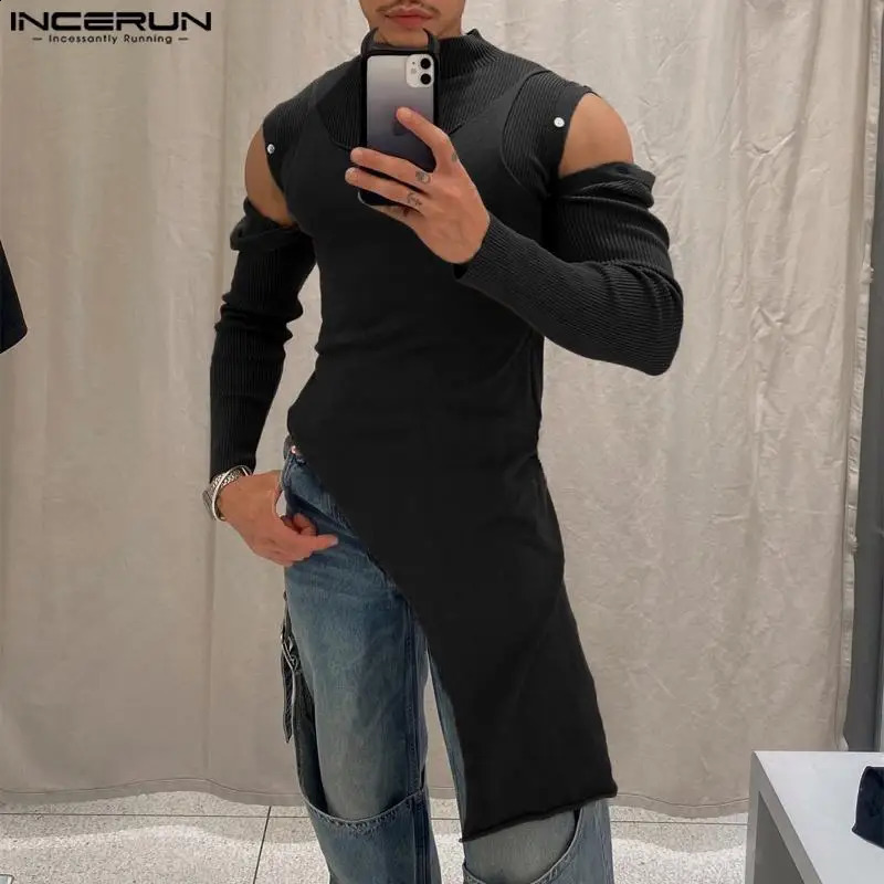 INCERUN Men Irregular T Shirts Patchwork Long Sleeve Off Shoulder Patchwork Turtleneck Men Clothing Streetwear Camisetas 240814