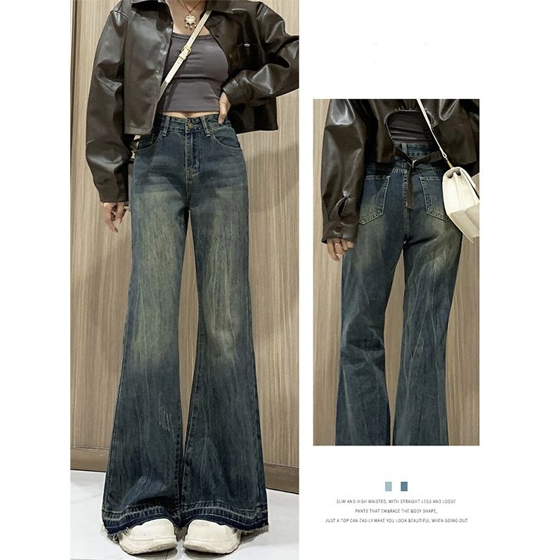 Blue micro flared jeans for women in summer, thin high waist, loose fit, slim and tall, big size, not stick to legs, wide legs