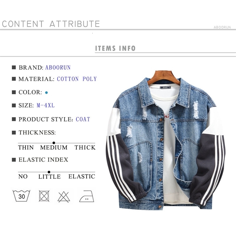 ABOORUN striped patchwork denim jacket mens streetwear ripped hole jacket casual jacket mens240813
