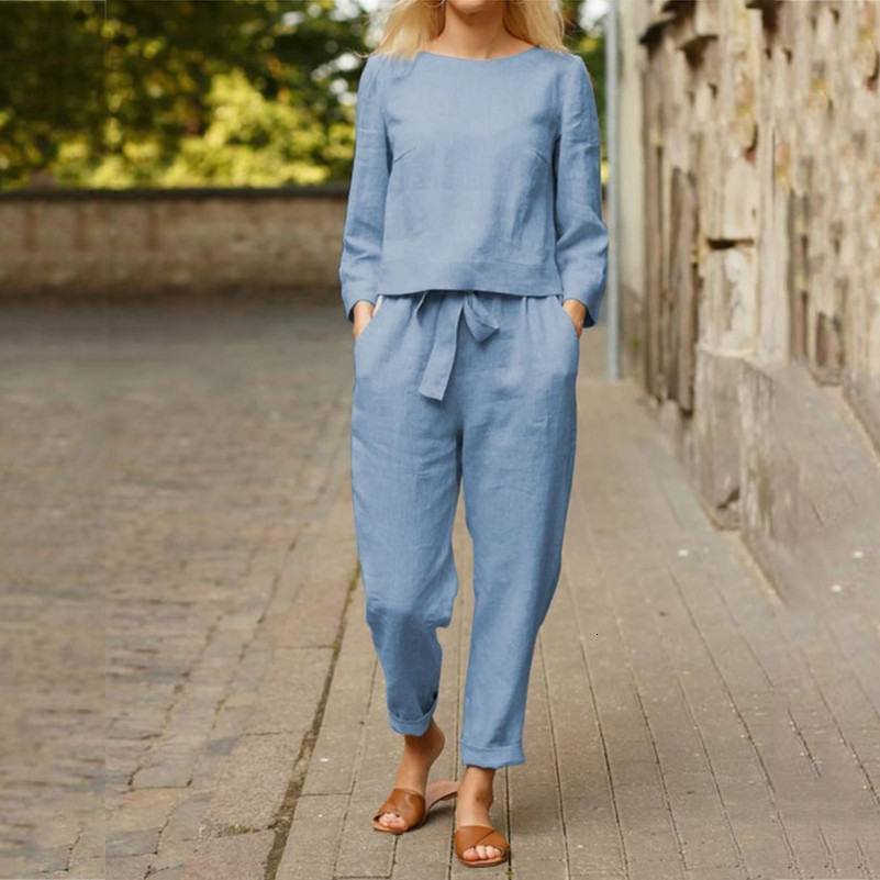 Womens Comfortable Loose Cotton Linen Suit Casual Vintage Solid Color Top And Drawstring Wide Leg Long Pants Two Piece Set 240813
