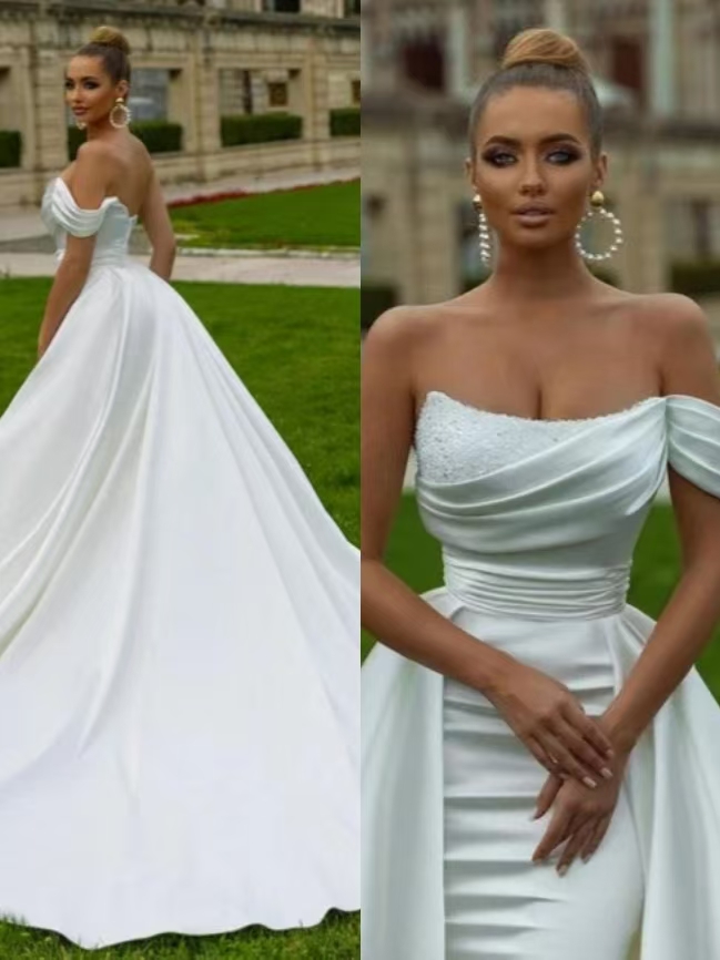 Front Split Mermaid Elegant Wedding Dresses 2024 Stain Sequins Pearls Bridal Gowns With Detachable Bride Dress Plus Size