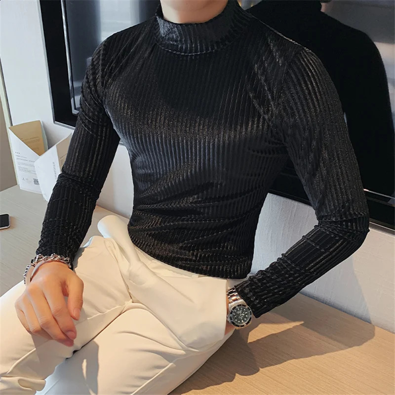 Autumn Winter Half Turtleneck Velour Under T Shirt Men Long Sleeve Casual Stripe Slim Fit Tops Tees Men Fashion Social T Shirt 240814