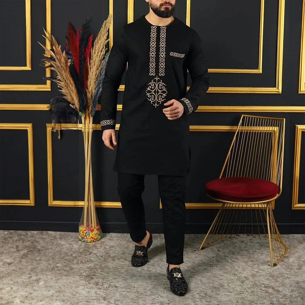 2024 Mens Sets Two-piece Long Sleeve Embroidered Mens Shirts And Pants Party Wedding Banquet Set African Mens Suit Clothing 240813