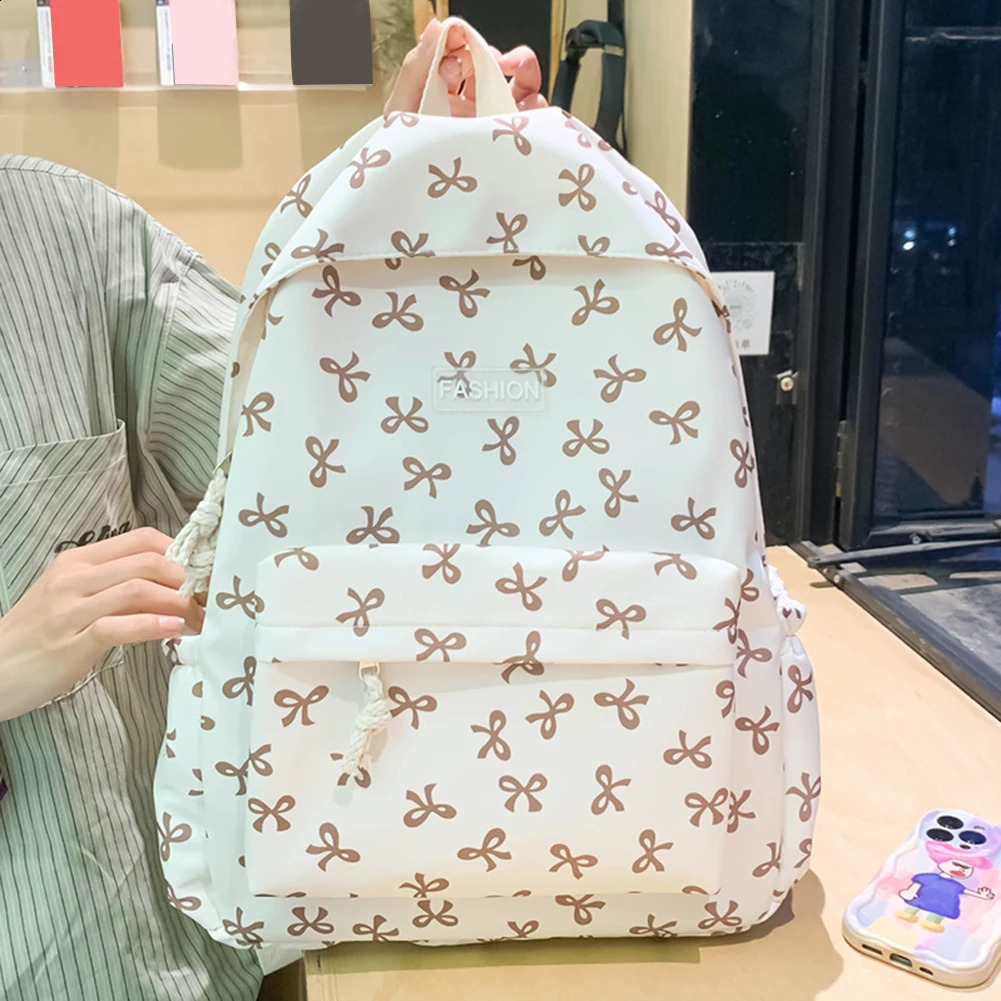 Nylon Backpack for School Bags for Student Cute Schoolbag Bow Printed Women Travel Bag Aesthetic Bookbag Knapsack Rucksack 240813