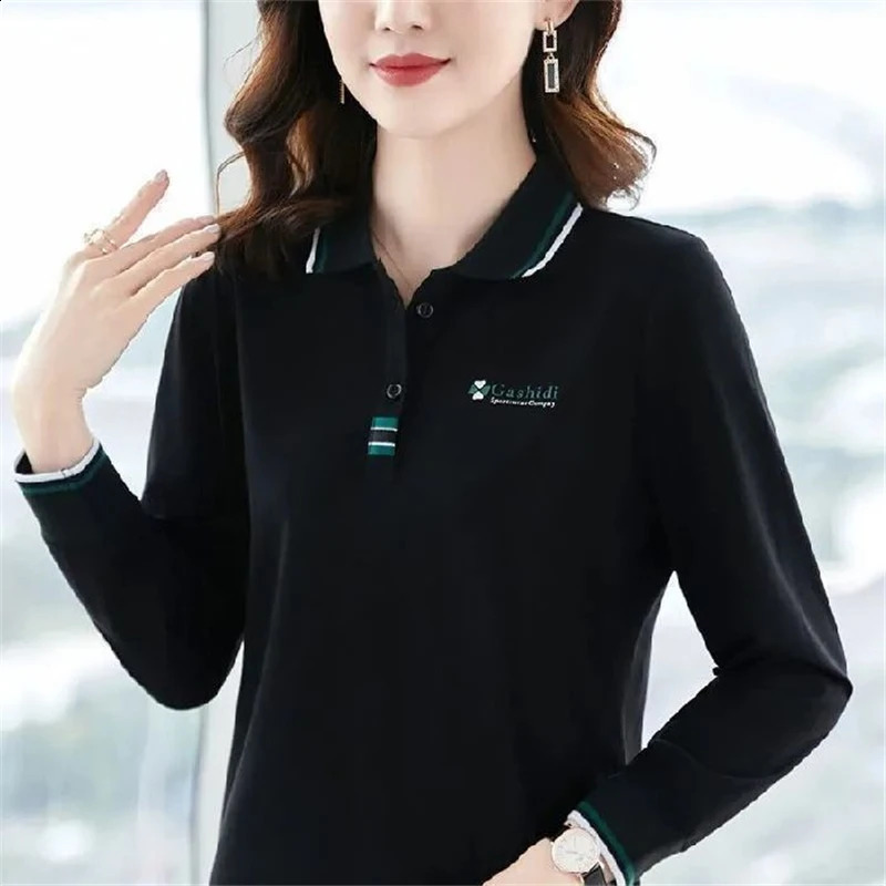 Womens clothing autumn fashion letter contrasting color polo shirt casual long sleeved ultra-thin sports T-shirt womens Y2K button top 240827