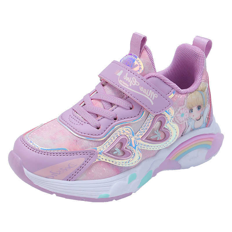 Sneakers Girls sports and leisure childrens leather single shoes 2023 Spring and Autumn Mid to Large Childrens Princess Running Shoes Trend H240805