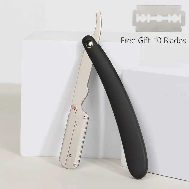 Manual Mens Shaving Razor Haircut Eyebrow Knife Frame Stainless Steel Straight Razor Holder Barber Tools Free 10pcs BladesM240814