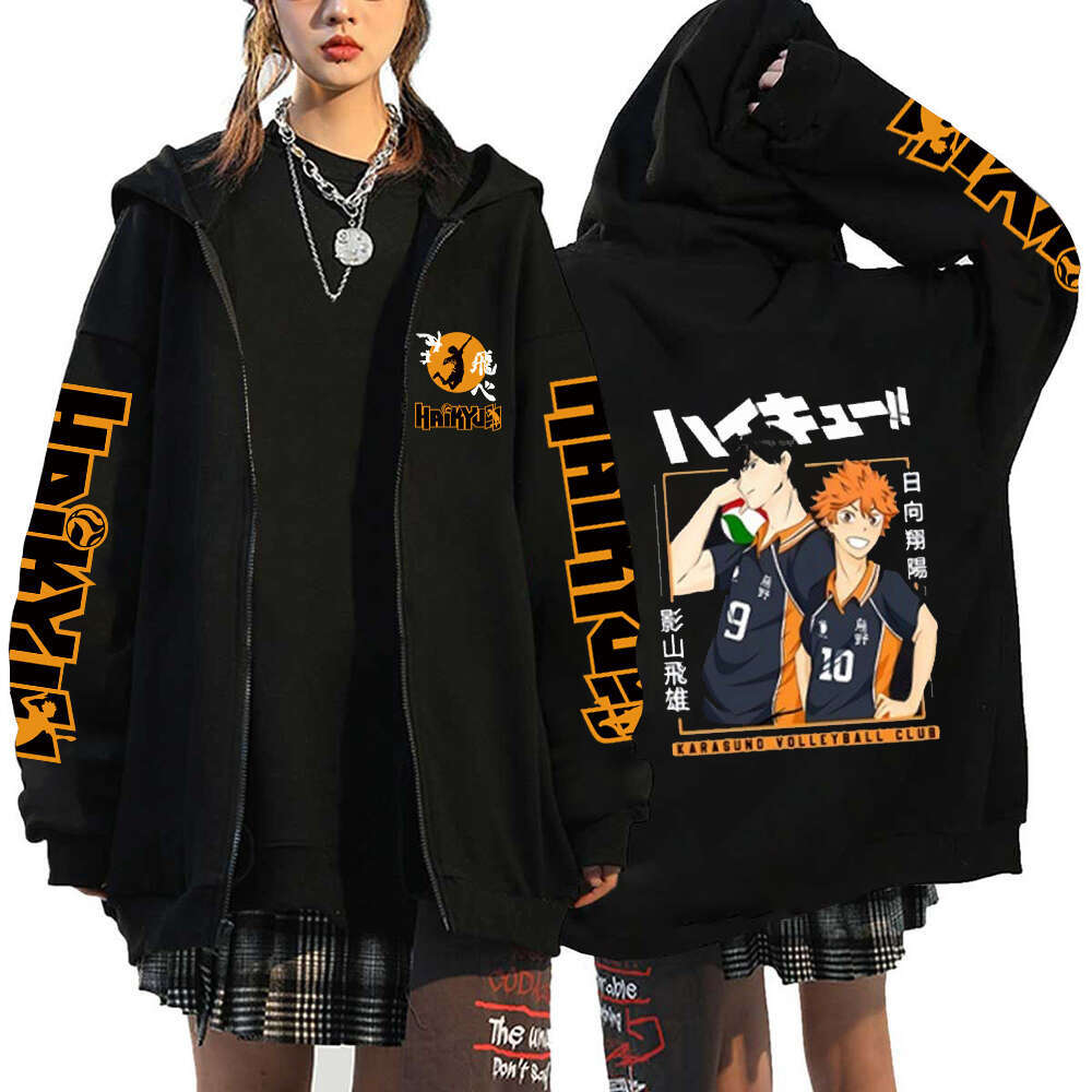 Men Women Anime Hoodie Haikyuu Zip Up Jacket Karasuno High School Plus Size Sweatshirt Haruku Unisex Autumn Warm Streetwear