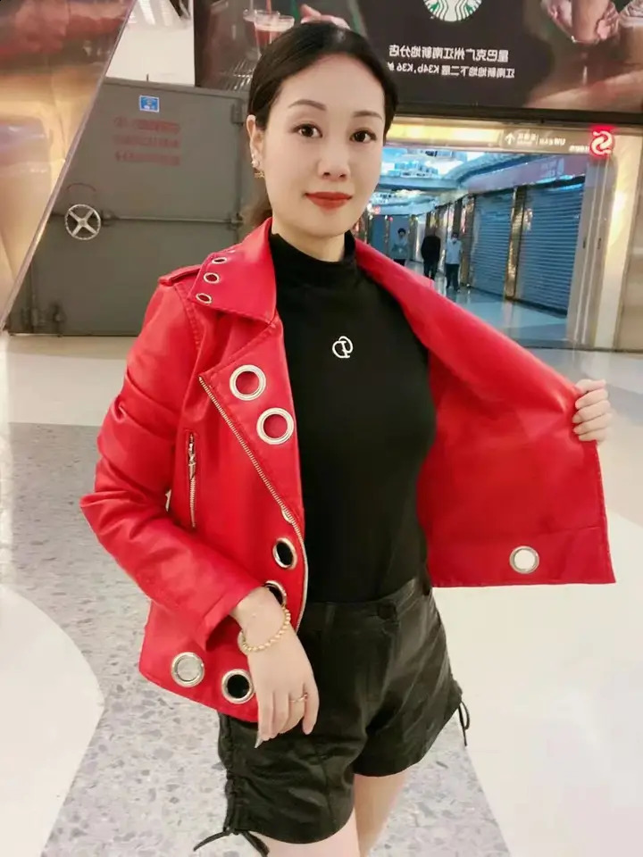 Women Chic Faux Leather Motorcycle Jacket Fall PU Locomotive Bomber Coat Zipper Cardigan Metal Rings Hollow Streetwear Crop Tops 240813